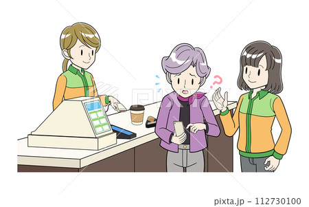 レジでスマホ決済にまごつくシニア女性に声かけする女性店員 112730100