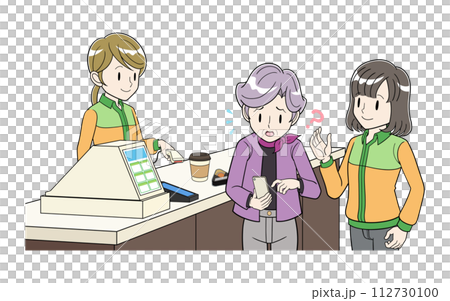 レジでスマホ決済にまごつくシニア女性に声かけする女性店員 112730100