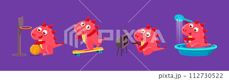 Cute Red Funny Dragon Character in Different Situation Vector Set 112730522