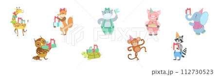 Funny Animal Celebrate Happy Birthday Holiday Vector Set 112730523