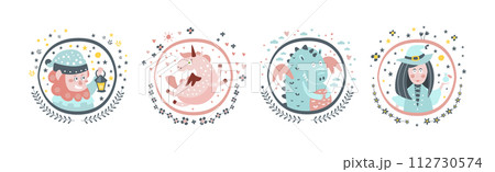 Cute Fairytale Round Sticker with Character Vector Set 112730574
