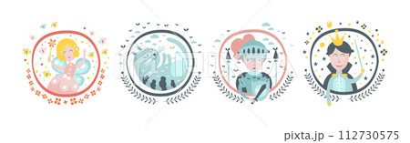 Cute Fairytale Round Sticker with Character Vector Set 112730575