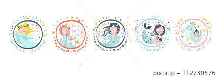 Cute Fairytale Round Sticker with Character Vector Set Cute Fairytale Round Sticker with Character Vector Set 112730576
