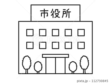 植栽のある市役所　白黒 112730845