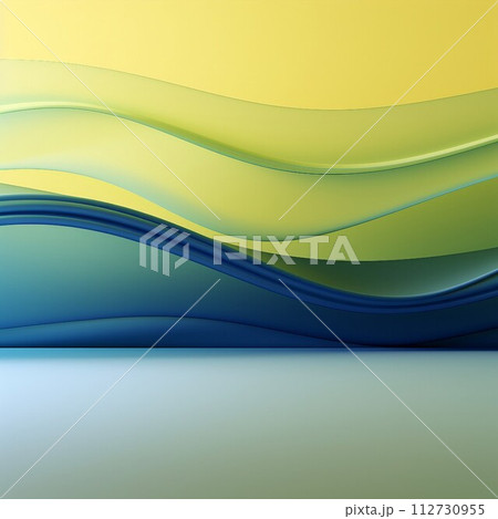 カラフル抽象正方形テンプレート。黄色背景に透明感のある緑と青の波がある空間。AI生成画像 112730955