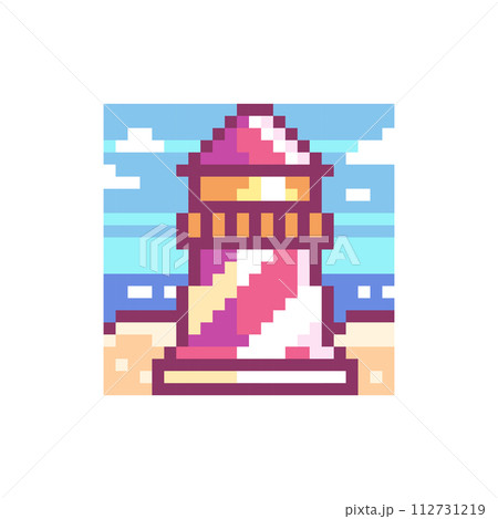 Pixel Art Lighthouse Icon. Vector Y2K 8Bit Sticker of Seaside Beacon. Cute Summer Navigation Light Video Game Element for Graphic Design. Pixel Art Lighthouse Icon. Vector Y2K 8Bit Sticker of Seaside Beacon. Cute Summer Navigation Light Video Game Element for Graphic Design. 112731219