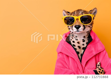 AI-generated content. Cheetah in Pink Jacket and Yellow Sunglasses Cool Pose 112731668