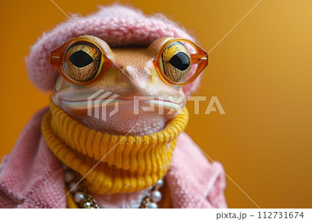 AI-generated content. Stylish Frog in Knitwear and Sunglasses Portrait 112731674