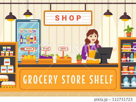 Grocery Store Shelf Vector Illustration with Foods Items and Products Assortiment on the Supermarket for Shopping Daily Needs in Flat Background Grocery Store Shelf Vector Illustration with Foods Items and Products Assortiment on the Supermarket for Shopping Daily Needs in Flat Background 112731723