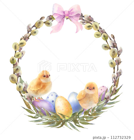 Happy Easter card, wreath with little chicks, color eggs, and spring twigs, Hand drawn watercolor illustration isolated on white background. 112732329