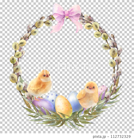 Happy Easter card, wreath with little chicks, color eggs, and spring twigs, Hand drawn watercolor illustration isolated on white background. 112732329