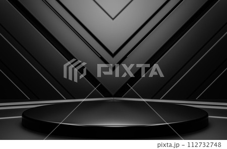 Elegant display stand in minimalist black setting, for premium products. design and strategic lighting draw attention to items on show, perfect for high-end market Elegant display stand in minimalist black setting, for premium products. design and strategic lighting draw attention to items on show, perfect for high-end market 112732748