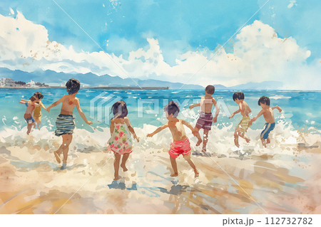 海で元気に遊ぶ子供たち 112732782