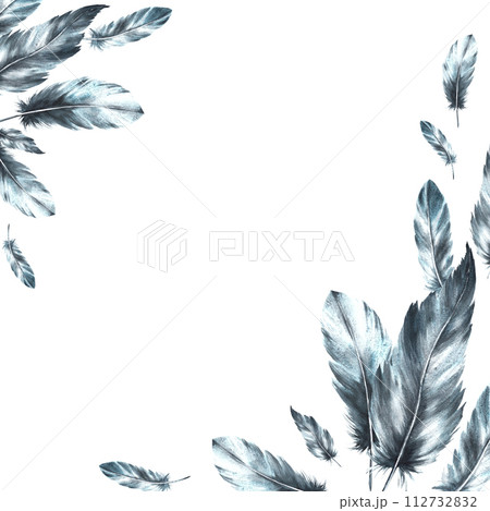 Watercolor monochrome square frame. Bird gray black feathers with granulation of shades and natural ornaments. Real wings Hand drawn template illustration Clipart card print. Isolated white background 112732832