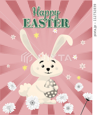 Happy Easter poster eggs hunt, white cute bunny with color eggs Happy Easter poster eggs hunt, white cute bunny with color eggs 112732839