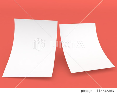 Two sheets of A4 paper on a red background. Two sheets of A4 paper on a red background. 112732863