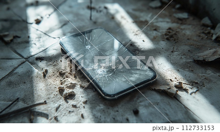 画面の割れたスマートフォン 112733153