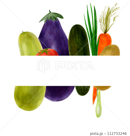 Watercolor vegetables in a frame. Vegetable banner, frame with eggplant, zucchini, tomato, green onion, cucumber, carrot. Hand drawn vegetables 112733246