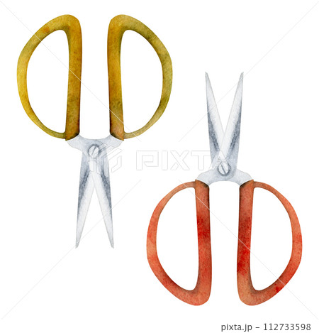Hand drawn watercolor illustration sewing craft embroidery supplies tools. Fabric scissors shears thread cutting snips. Set of objects isolated on white background. Design atelier, tailor, hobby shop 112733598