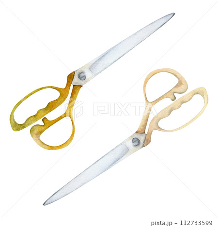 Hand drawn watercolor illustration sewing craft embroidery supplies tools. Fabric scissors shears thread cutting snips. Set of objects isolated on white background. Design atelier, tailor, hobby shop 112733599