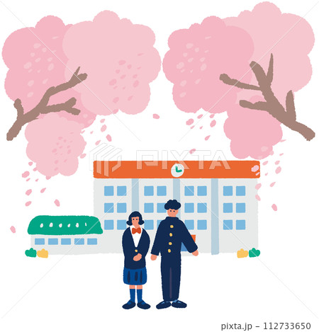 桜の木下に立つ制服を着た男女の学生のシンプルでフラットなイラスト 112733650