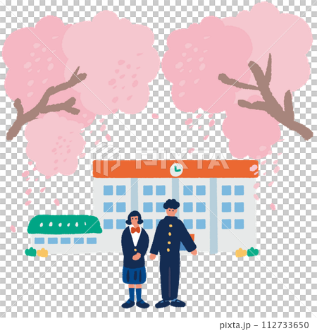 桜の木下に立つ制服を着た男女の学生のシンプルでフラットなイラスト 112733650