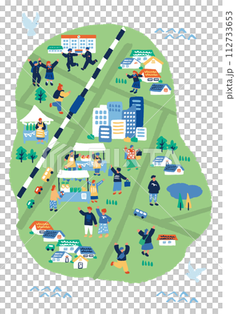 街並みと人々のシンプルでフラットなイラスト 街並みと人々のシンプルでフラットなイラスト 112733653