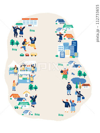 街並みと人々のシンプルでフラットなイラスト 街並みと人々のシンプルでフラットなイラスト 112733655