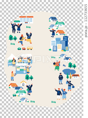 街並みと人々のシンプルでフラットなイラスト 街並みと人々のシンプルでフラットなイラスト 112733655