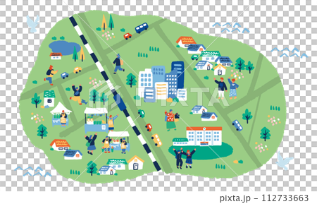 街並みと人々のシンプルでフラットなイラスト 112733663