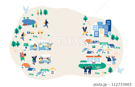 街並みと人々のシンプルでフラットなイラスト 街並みと人々のシンプルでフラットなイラスト 112733665