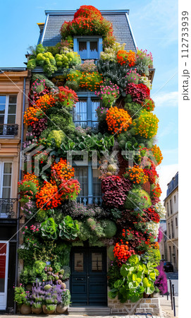 Very tall building with bunch of flowers on it's side. 112733939