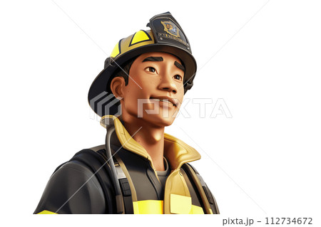 Confident Fireman Character with Helmet, Isolated Illustration 112734672