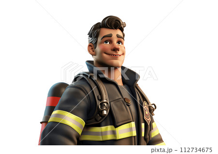 Confident Fireman Character with Helmet, Isolated Illustration 112734675