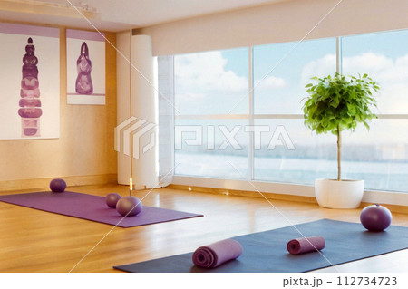 woman doing yoga pose in fitness studio 112734723