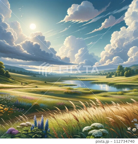 川と池と草原と空と雲を中心とした風景 112734740