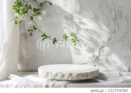 Minimalistic white stone podium with plants. Mock up for product, cosmetic presentation. Pedestal, platform for beauty products. Empty scene. Stage, display, showcase. Nordic style. Generative AI. Minimalistic white stone podium with plants. Mock up for product, cosmetic presentation. Pedestal, platform for beauty products. Empty scene. Stage, display, showcase. Nordic style. Generative AI. 112734764