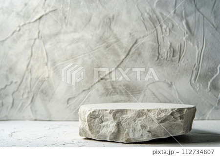 Minimalistic white stone podium. Mock up for product, cosmetic presentation. Pedestal, platform for beauty products. Empty scene. Stage, display, showcase. Nordic style. Copy space. Generative AI. 112734807