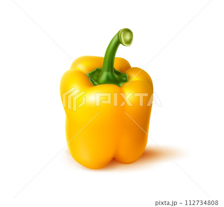 Realistic ripe yellow bell pepper, whole vegetable or veggie farm food, isolated vector. Fresh ripe yellow bell pepper, realistic object in macro closeup or 3D for organic food and natural cuisine 112734808