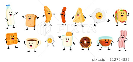 Cartoon cheerful breakfast characters. Vector set of milk bottle and glass, toast, croissant, sausage or cheese. Fried and boiled eggs, coffee or tea cup, donut, wafers and bacon isolated personages Cartoon cheerful breakfast characters. Vector set of milk bottle and glass, toast, croissant, sausage or cheese. Fried and boiled eggs, coffee or tea cup, donut, wafers and bacon isolated personages 112734825