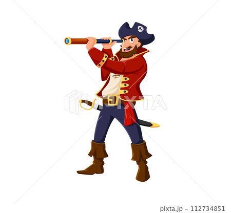 Cartoon pirate captain character with spyglass. Isolated vector sea sailor, corsair or rover personage peers through a telescope glass, with saber on belt, tricorn hat and grin under a bushy beard Cartoon pirate captain character with spyglass. Isolated vector sea sailor, corsair or rover personage peers through a telescope glass, with saber on belt, tricorn hat and grin under a bushy beard 112734851
