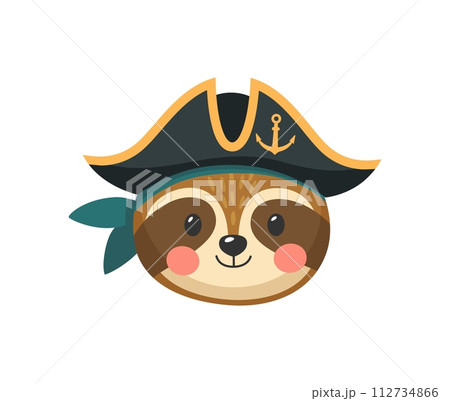 Cartoon sloth animal pirate and corsair. Sailor and captain, skipper and boatswain character Isolated vector cute kawaii personage face with tricorn hat and smile embodying the spirit of sea adventure 112734866
