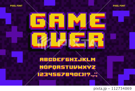 8-bit game pixel font, geometric type, abstract computer typeface, english alphabet. Retro game console font typeset, English ABC vector pixelated letters and digits or alphabet 8bit mosaic symbols 112734869