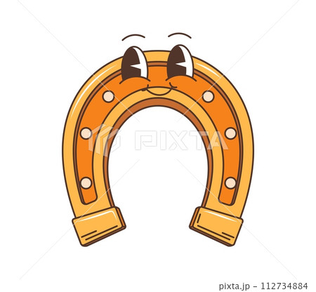 Wild west western groovy horseshoe character radiates retro charm. Isolated vector lucky golden horse shoe personage smile, embody a playful, free-spirited energy. Psychedelic whimsical horseshoe 112734884