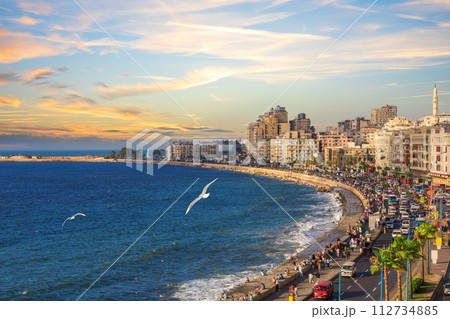 Alexandria seacoast, beautiful sunset view of the Mediterranean sea, Egypt 112734885