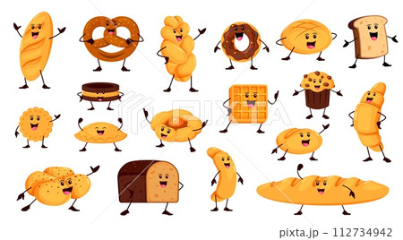 Cartoon funny bread and bakery characters. Vector loaf, pretzel, donut, toast and cookie. Braided or round shaped bread, khachapuri, cross bun, baguette and patty. Croissant, cupcake baked personages Cartoon funny bread and bakery characters. Vector loaf, pretzel, donut, toast and cookie. Braided or round shaped bread, khachapuri, cross bun, baguette and patty. Croissant, cupcake baked personages 112734942