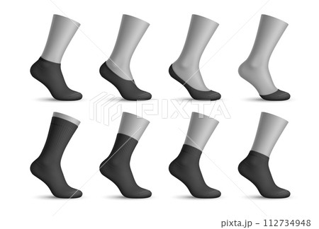 Realistic man socks, 3d vector black sox mockups for fashion and sportswear designs. Isolated fabric, elastic socks templates feature cotton toe-cover, no-show, extra or low cut, quarter and mid calf 112734948