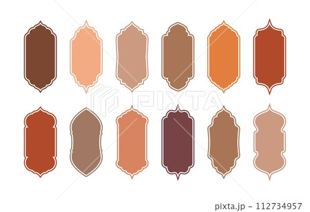 Islamic window and door shapes, arabian mosque interior. Isolated vector set of arab arches or portal frames. Elegant architecture elements, icons for Muslim Ramadan Kareem or Eid Mubarak holiday 112734957