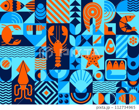Abstract seafood modern geometric pattern. Geometrical shape vector layout or seafood pattern. Vintage print or collage, retro minimalism backdrop with squid, starfish, fish meat and crab, lobster 112734965