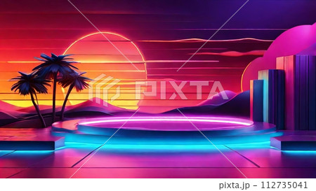 Abstract neon retro landscape scene with a podium for product display 112735041
